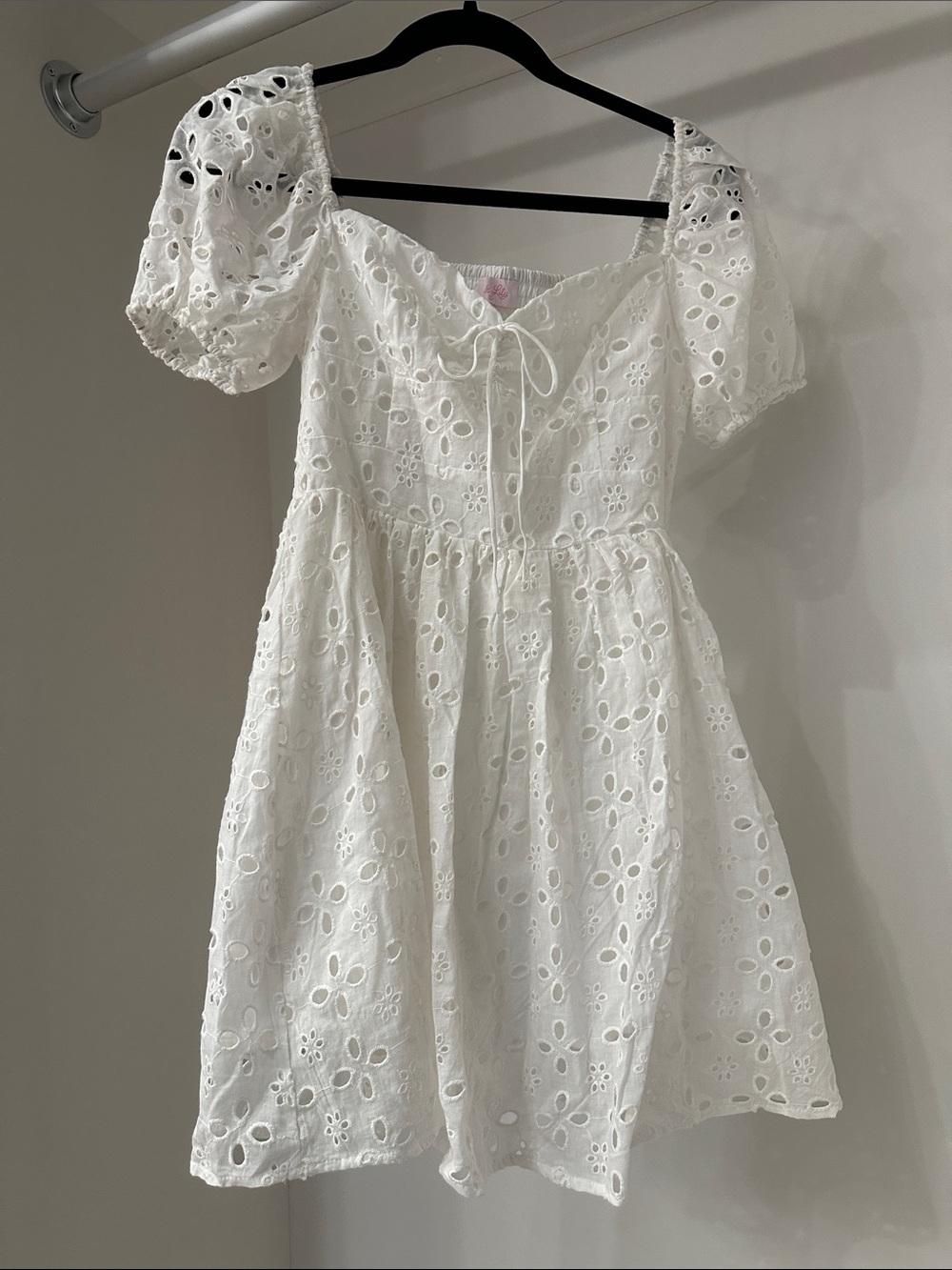 Pink Lily small White Eyelet Puff-Sleeve Dress.  Like new